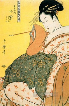 日本 Painting - 煙管を手にした玉屋の小紫 喜多川歌麿